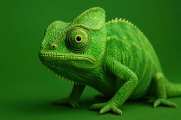 Obraz premium A vibrant green chameleon poses with a calm demeanor against a lush green backdrop