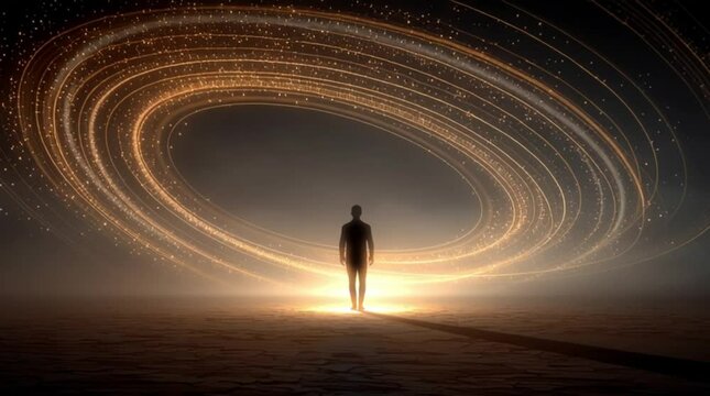 Mystical Eye of surreal dreamscape of dark mountains and cosmic sky