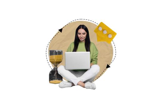 Collage of young confident programmer woman use netbook hourglass receive sms customer last chance finish job isolated on beige background
