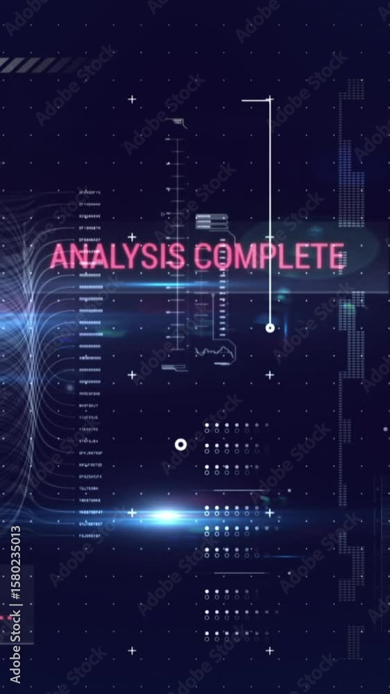 Poster animation of numbers changing and data processing over glowing light over grid on purple background