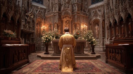 Priest in golden chasuble standing before the altar with candles lit 