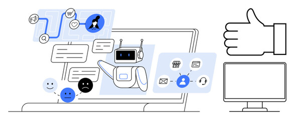 AI chatbot interacts on laptop screen with speech bubbles, emotions, and workflow icons. Ideal for automation, customer service, productivity, technology, communication, workflow simple landing page
