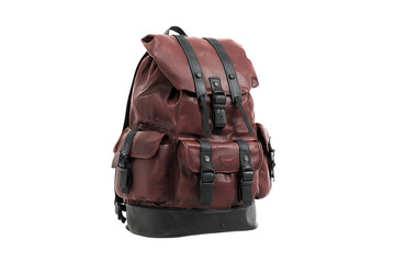 Naklejka premium Burgundy leather backpack with black accents.