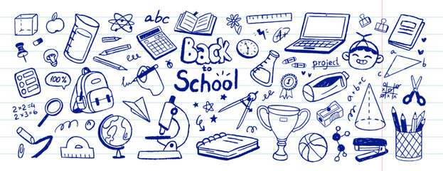 Set of drawing with pen school items. Doodle icons of elementary education on notebook sheet. Students' supplies, books, stationery for studying and learning. Hand drawn isolated vector illustrations