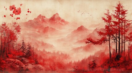 Traditional Chinese painting.Red Landscape.