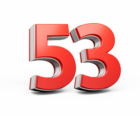 Bold Vibrant Red Number Fifty three Number 53 With Metallic On White Background 3D Illustration