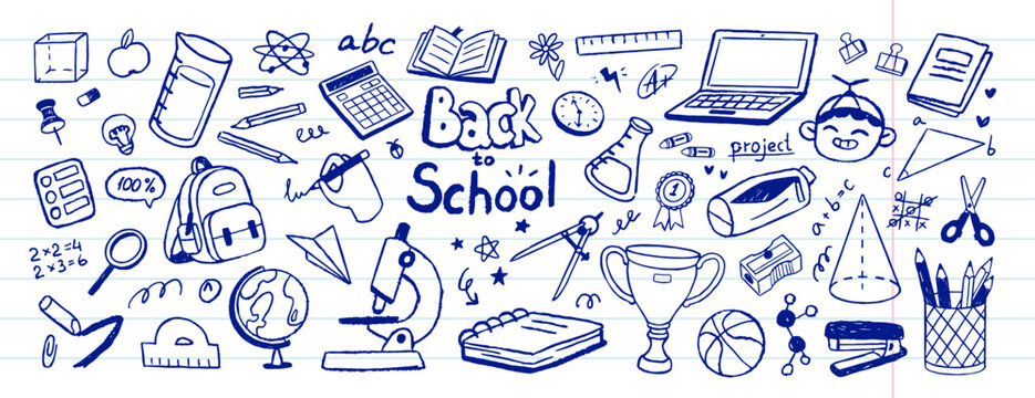 Set of drawing with pen school items. Doodle icons of elementary education on notebook sheet. Students' supplies, books, stationery for studying and learning. Hand drawn isolated vector illustrations