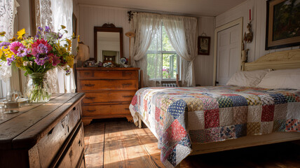 Bright cottage bedroom with patchwork quilt, lace curtains, antique dresser with fresh wildflowers in jar