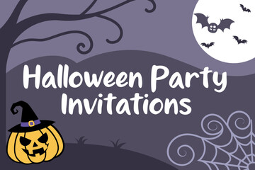 Fototapeta premium Halloween party invitations with a pumpkin wearing a witch hat, bats flying in the moonlight and spiderweb