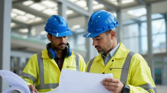 Construction site worker and engineer discussing on blueprint project - Powered by Adobe
