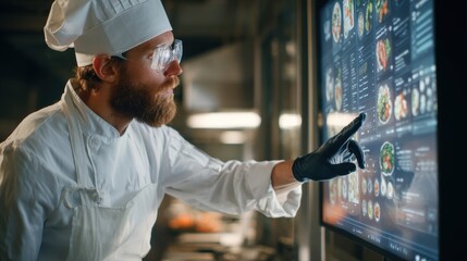 A chef using a digital screen to review menu options in a modern kitchen environment.