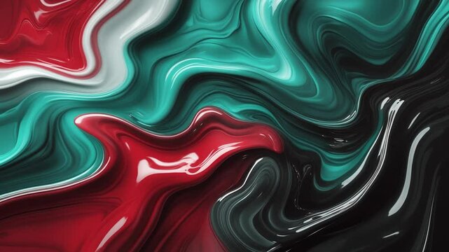 Abstract background of marble melting and moving in waves, gradation of turquoise green and red mixed shiny