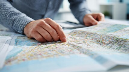 A close-up of a hand pointing at a detailed map while planning a trip or navigating a journey.