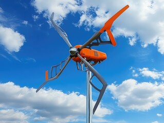 A wind turbine against a clear blue sky. 