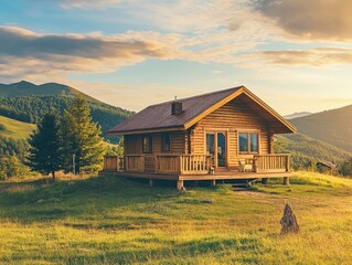 Wooden cabin or cottage house.