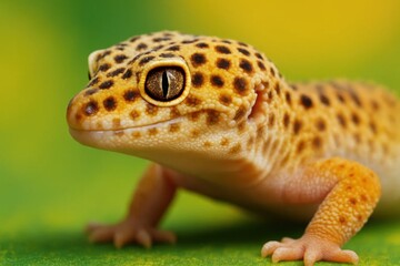 Naklejka premium A close-up of a gecko with striking yellow spots against a vibrant green background