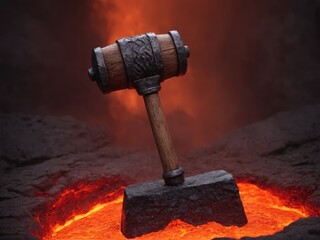  A sturdy dwarven mallet crafted for forging ultimate weapons amidst a molten lava landscape