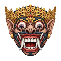Striking illustration showcases a traditional Balinese mask with intricate gold ornaments, transparent background