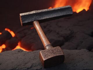  A sturdy dwarven mallet crafted for forging ultimate weapons amidst a molten lava landscape
