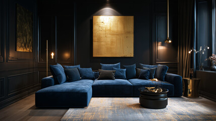 Dark modern lounge, black paneled walls, plush midnight blue sectional, brass floor lamp, abstract gold wall art