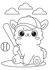 Coloring book alpaca playing baseball with a bat and helmet.