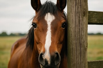 Obraz premium A horse peers through a rustic fence, its gentle eyes reflecting the serene pasture beyond