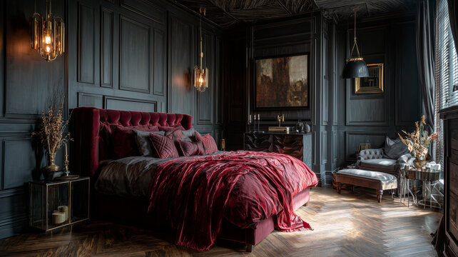 Dark romantic bedroom, black paneled walls, plush burgundy velvet bedding, vintage bedside lamps - Powered by Adobe