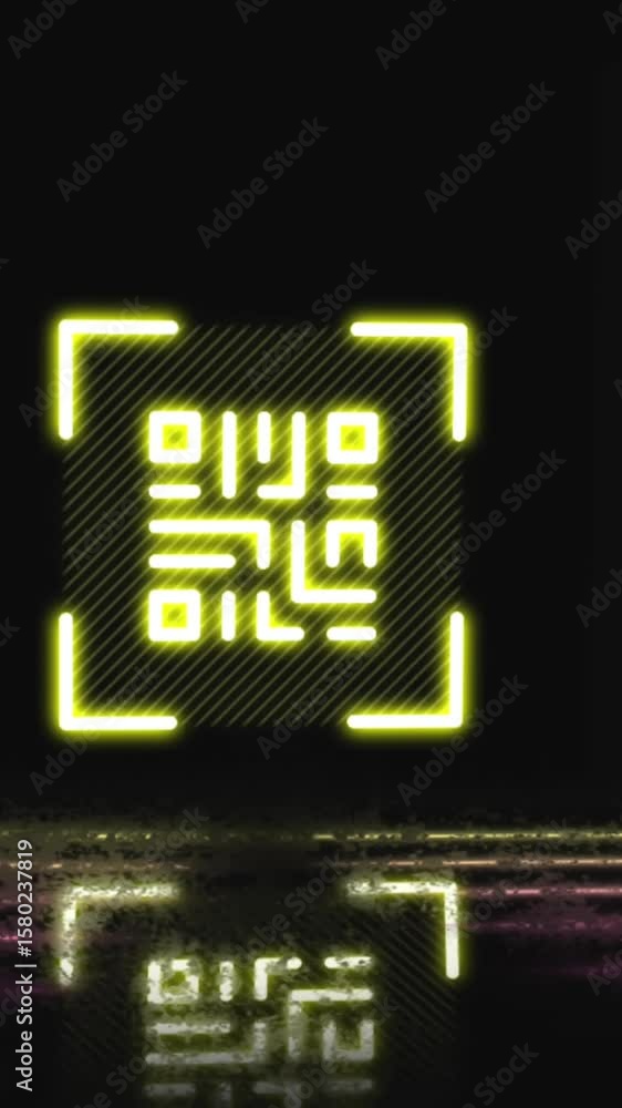 Poster animation of qr code in viewfinder and multicolored lines against black background