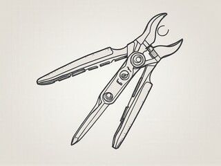  A detailed line art depiction of a solitary pliers against a subtle off-white backdrop
