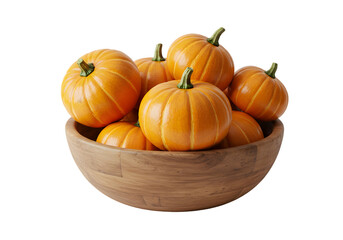 Obraz premium Isolated Pile of Orange Pumpkins in Wooden Bowl with Transparent Background