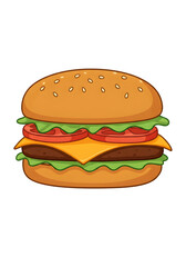 Cartoon Burger Illustration with Sesame Seeds and Tasty Ingredients