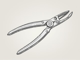  A detailed line art depiction of a solitary pliers against a subtle off-white backdrop