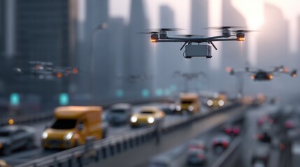 A drone flying over a busy city highway, showcasing urban transport and modern technology in action.