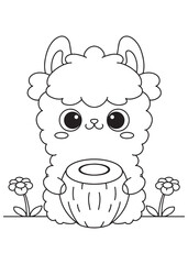 Coloring book page of alpaca holding a coconut