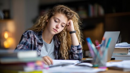 A focused young woman studying at home, surrounded by books and a laptop, showcasing the essence of modern learning.