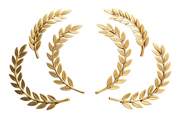 Five golden laurel wreaths arranged in various positions on a transparent background. Ideal for awards, achievements, and recognition themes.