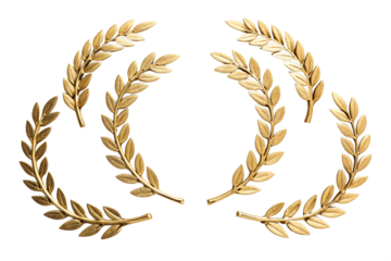 Five golden laurel wreaths arranged in various positions on a transparent background. Ideal for awards, achievements, and recognition themes.