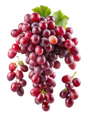 Fototapeta premium Bunches of ripe red grapes with green leaves scattered in the air isolated on white isolated on a transparent background