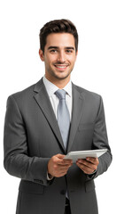 Isolated Portrait of Businessman in Suit Holding Tablet and Smiling