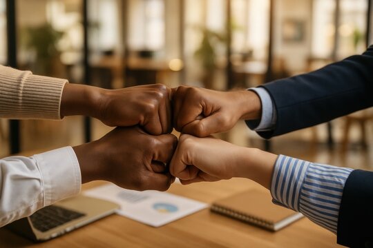 Unity in Handshake: Close-up on a business collaboration, diverse team members unite in a fist bump, symbolizing partnership, agreement, and the strength of working together.