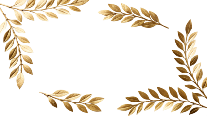 Golden laurel leaves arranged in a decorative frame on a transparent background. The leaves are detailed and isolated for easy use in design projects.