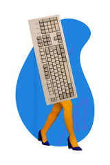Creative vertical illustration collage absurd headless woman email mechanical keyboard walking high...