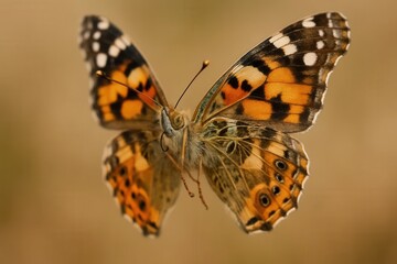In mid-flight, a vibrant butterfly with orange and black wings gracefully soars through the air, its delicate form captured in this close-up shot
