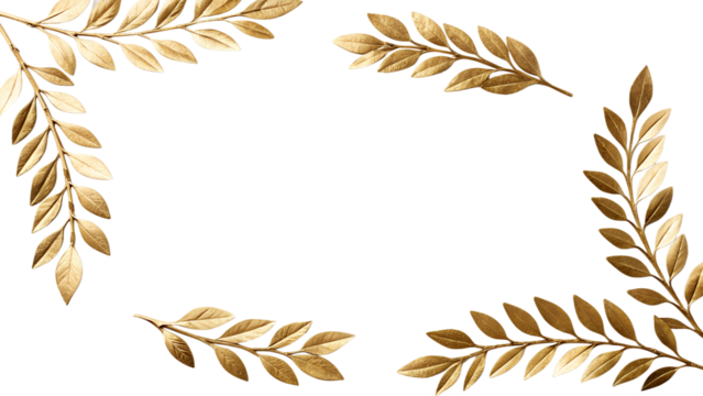 Golden laurel leaves arranged in a decorative frame on a transparent background. The leaves are detailed and isolated for easy use in design projects.