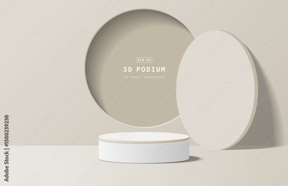 Poster 3d product background. 3d white cream cylinder podium with round circle window shape and window cove