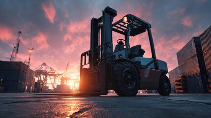 A heavy forklift parked at a loading dock during sunset, showcasing industrial machinery and vibrant skies.