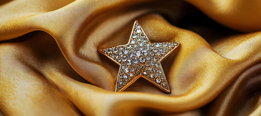 Macro shot of a golden star with shiny intricate details resting on smooth velvety satin fabric glowing elegantly with lush ornate accents highlighted by cinematic lighting










