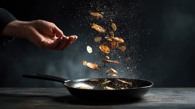 A hand skillfully sprinkles spices into a frying pan, showcasing culinary art and the joy of cooking.