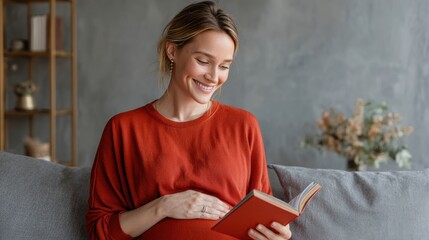 A joyful pregnant woman reading a book while relaxing at home, embodying serenity and anticipation.
