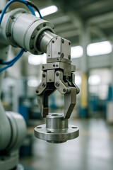 Fototapeta premium Robotic Arm Gripping Machine Part in Factory Close-Up 